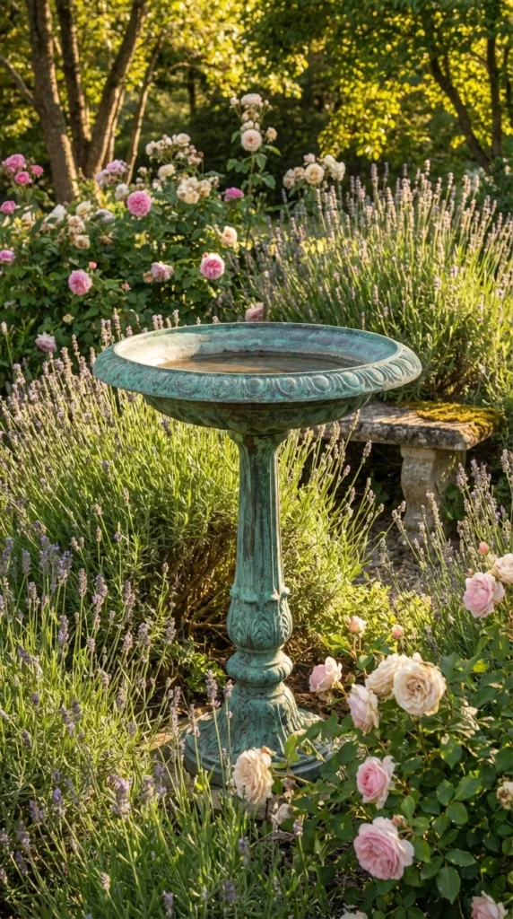 Antique copper pedestal bird bath