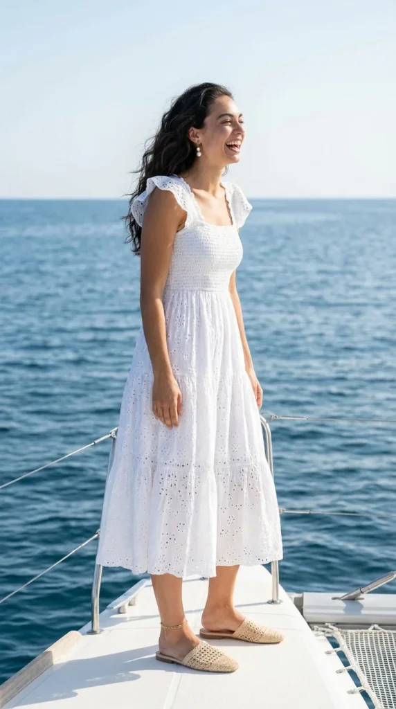 Bachelorette boat party outfit white eyelet dress