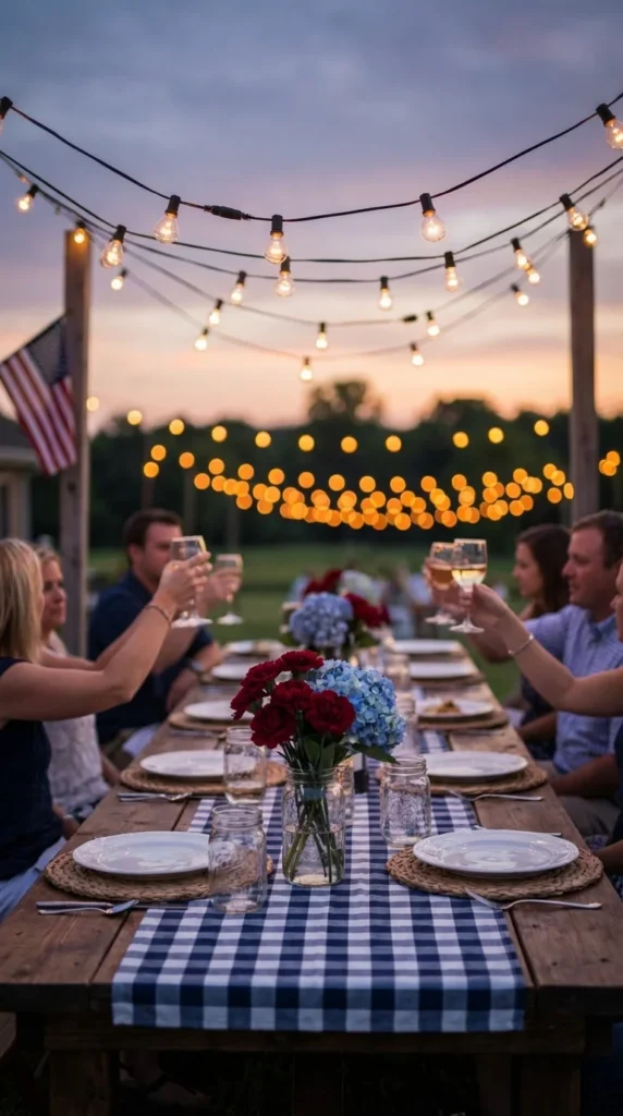 Backyard patriotic string lights
