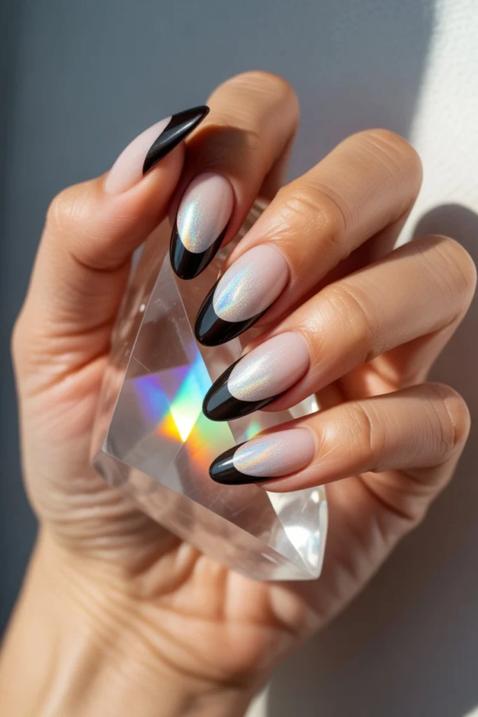 Black and White Holographic Ombre Nails