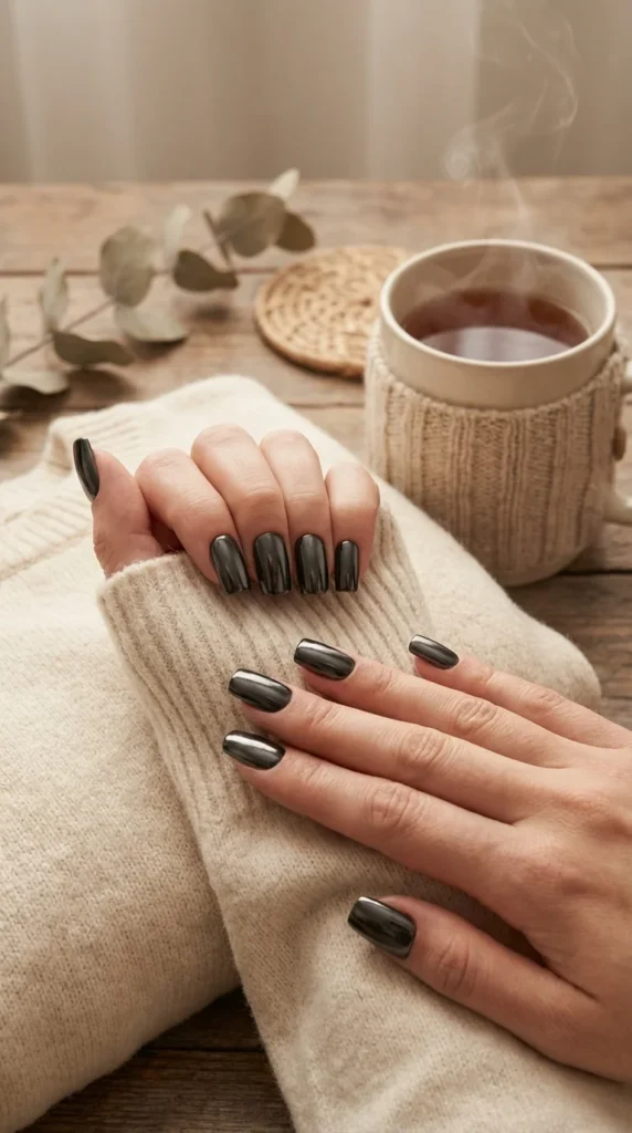 Black chrome winter gel nails