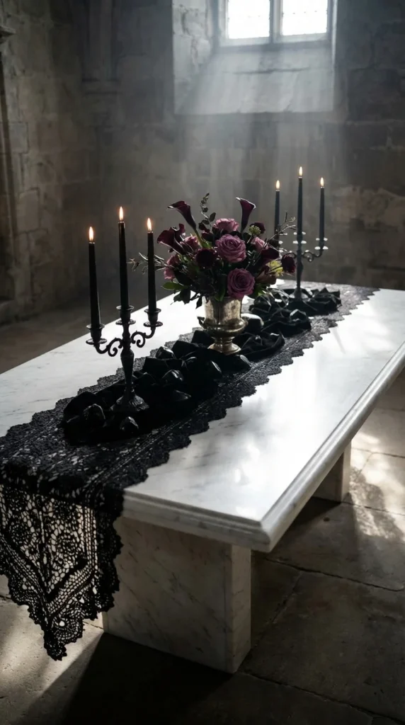 Black gothic lace crochet runner