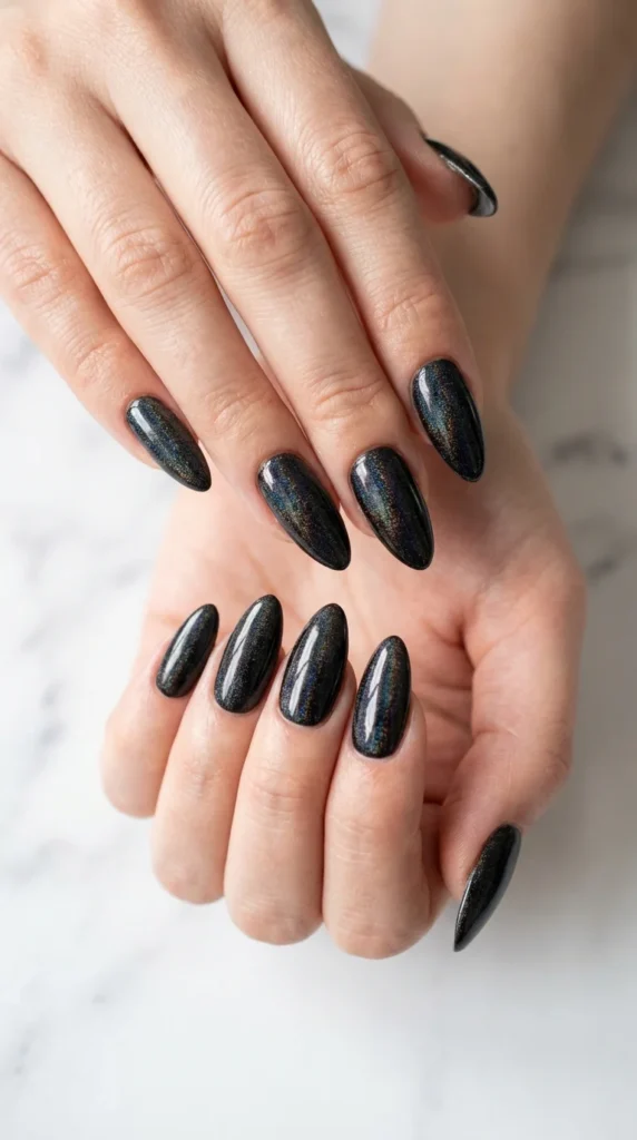 Black holographic almond nails