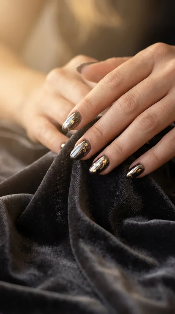 Black metallic nails gold accents