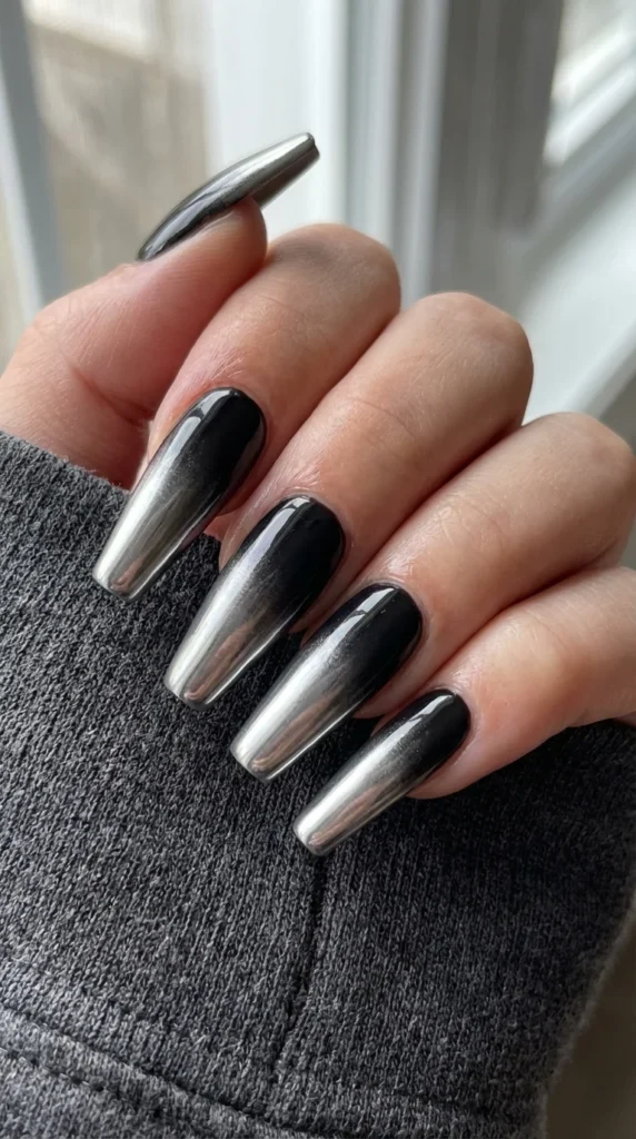Black silver chrome ombré nails