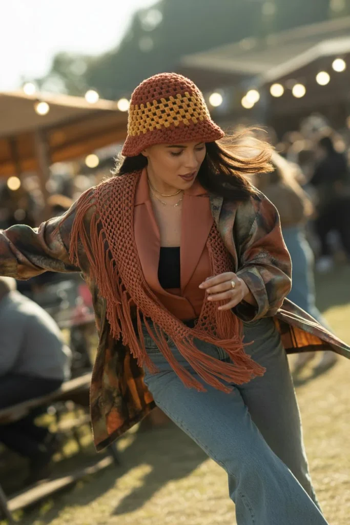 Boho crochet bucket hat fringe cowl