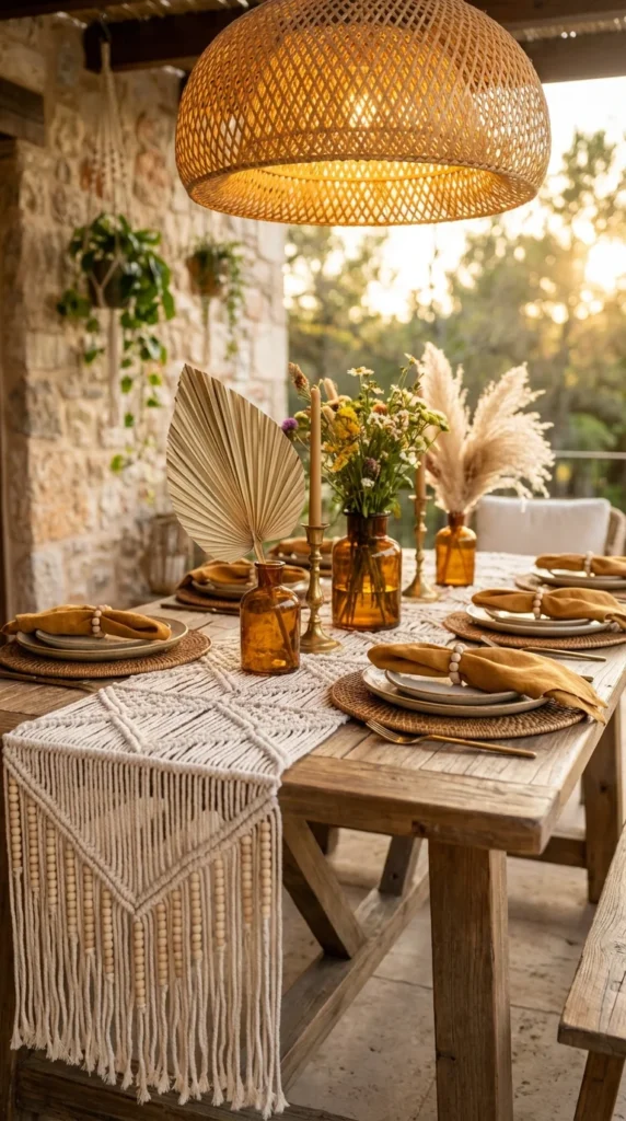Boho crochet runner with fringe beads