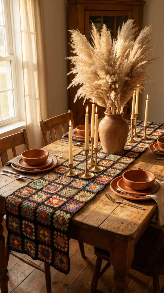 Boho crochet table runner