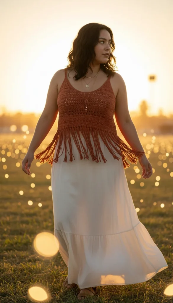 Boho crochet top curvy women fringe