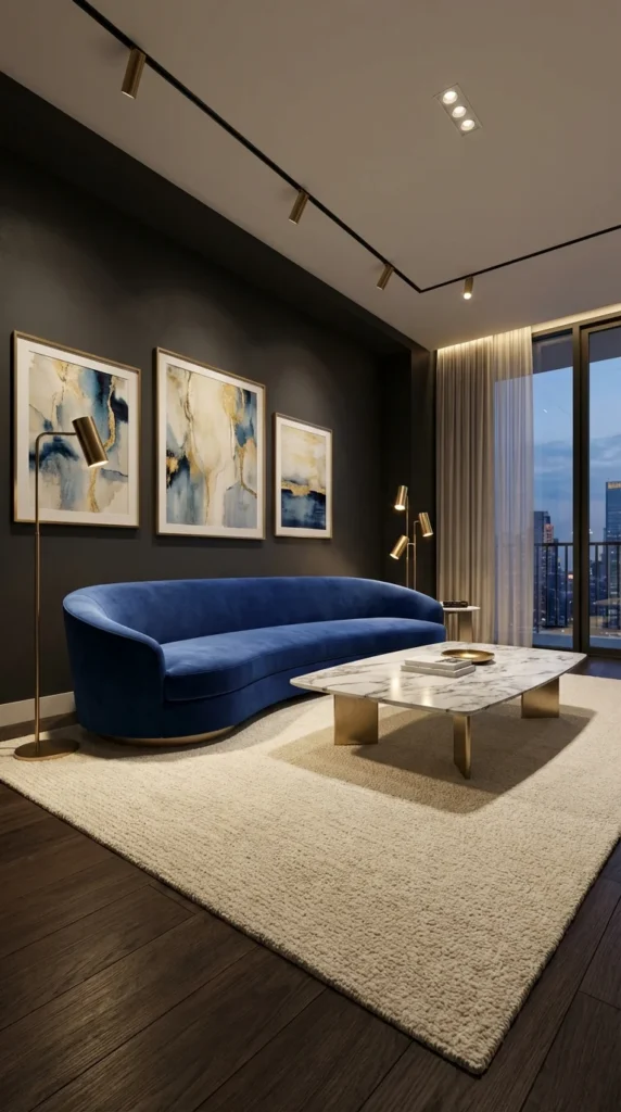 Cobalt blue couch marble coffee table