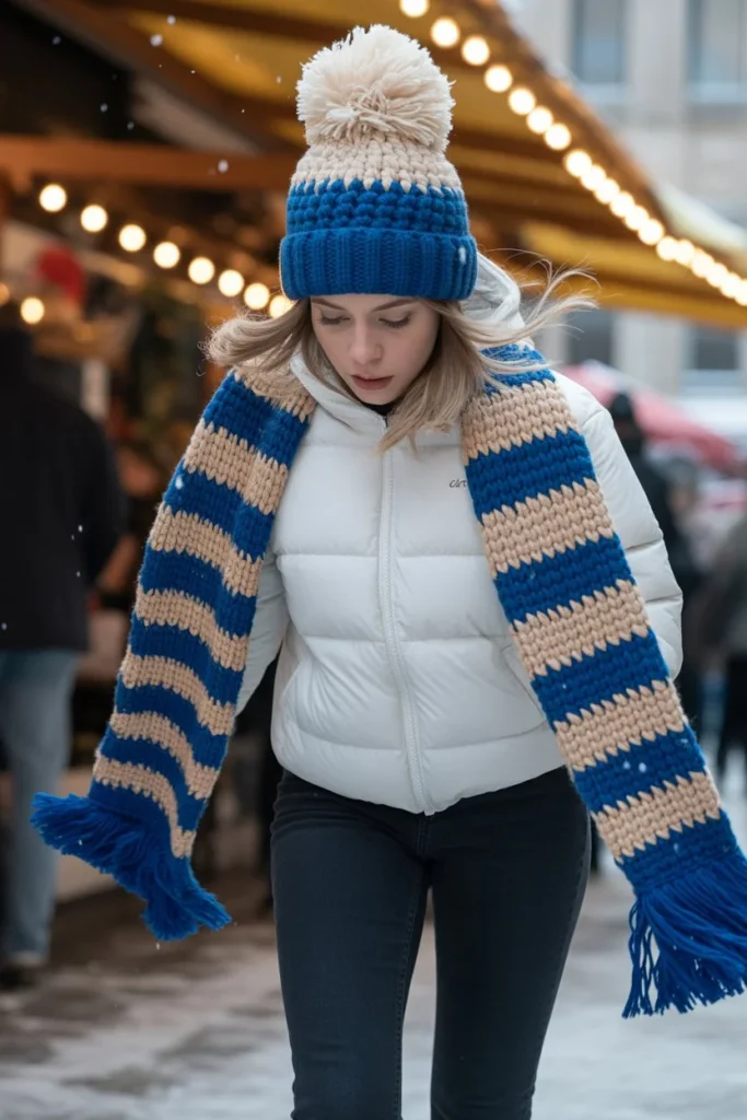 Colorblock crochet beanie striped scarf