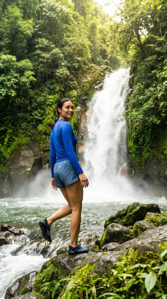 Costa Rica waterfall outfit rash guard