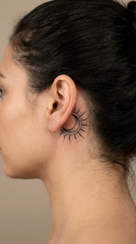 Crescent sunburst behind ear tattoo