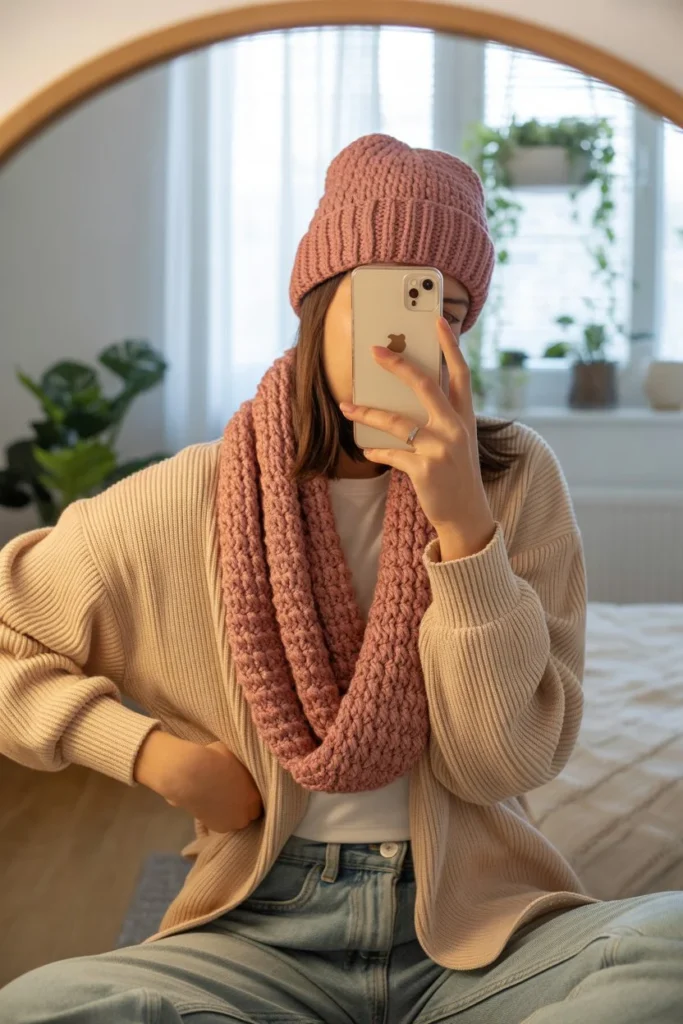 Crochet beanie infinity scarf gift set pink