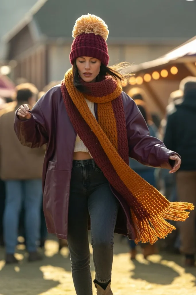Crochet bobble hat fringed earth tone scarf