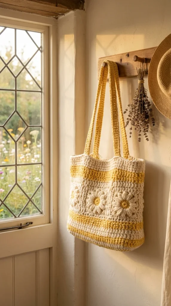 Crochet daisy tote cottagecore bag