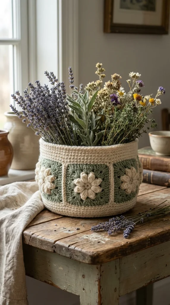 Crochet flower basket farmhouse decor