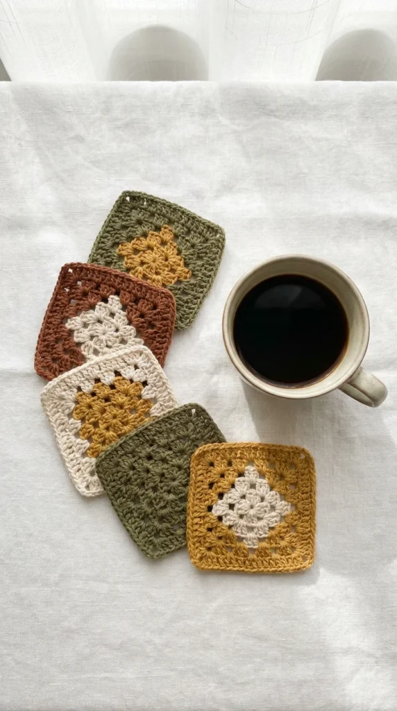 Crochet home décor granny square coasters