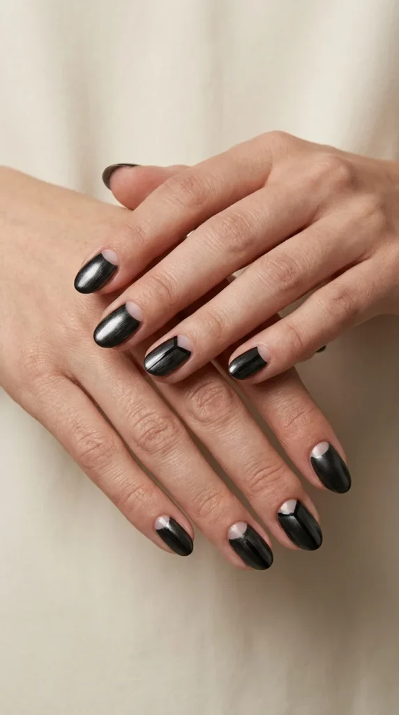 Dark metallic negative space nails