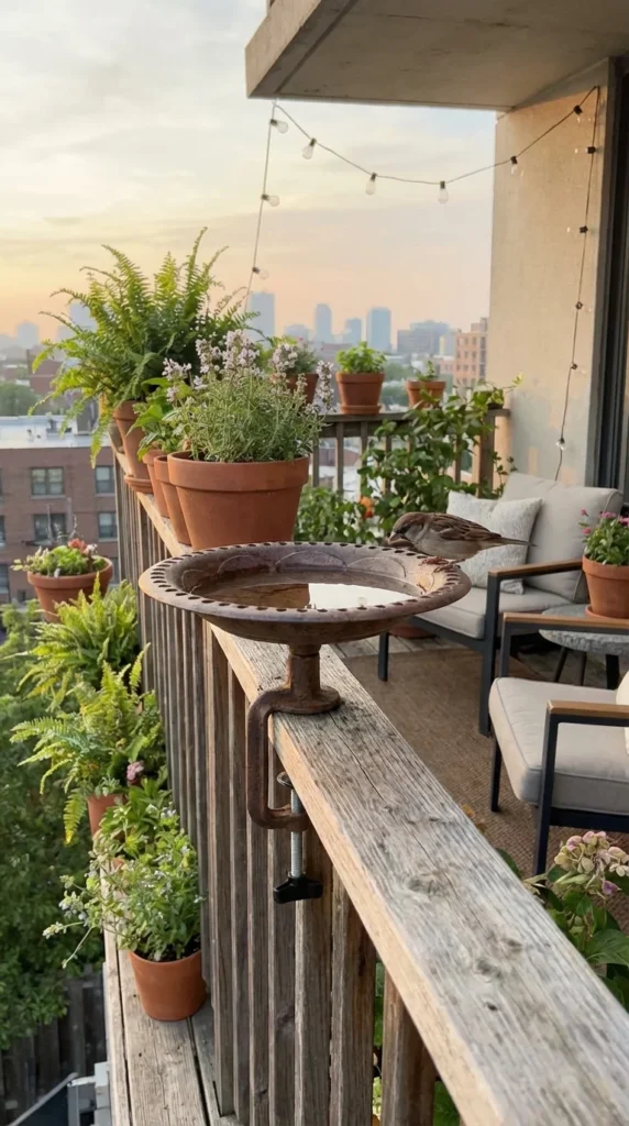 Deck mounted bird bath balcony