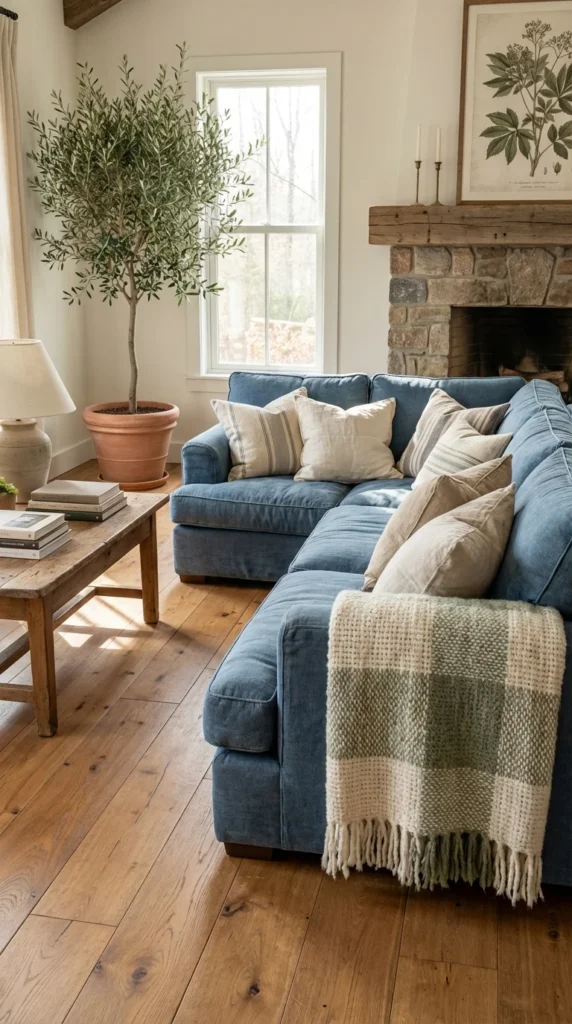 Denim blue sofa farmhouse living room