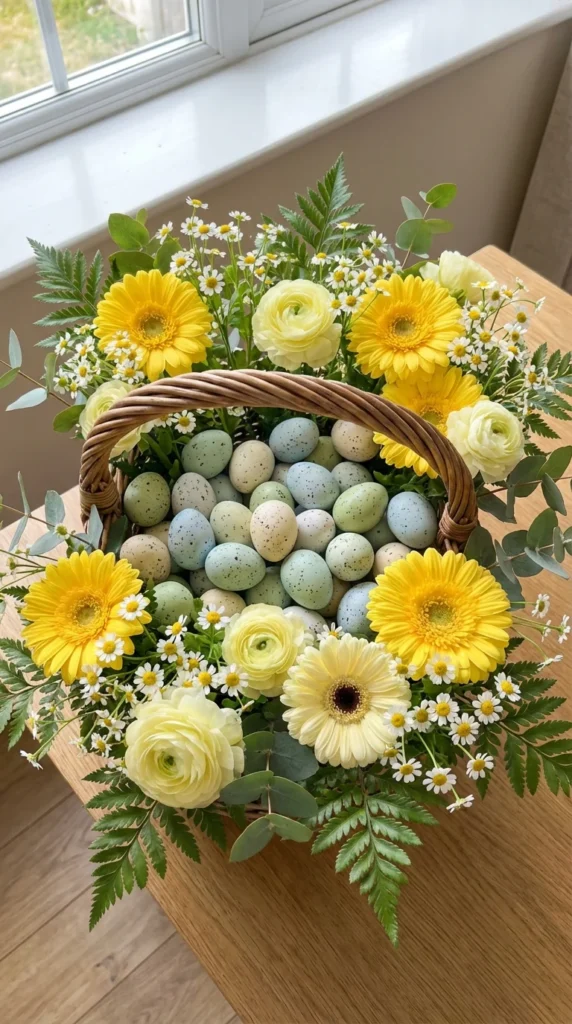 Easter basket flower arrangement with eggs