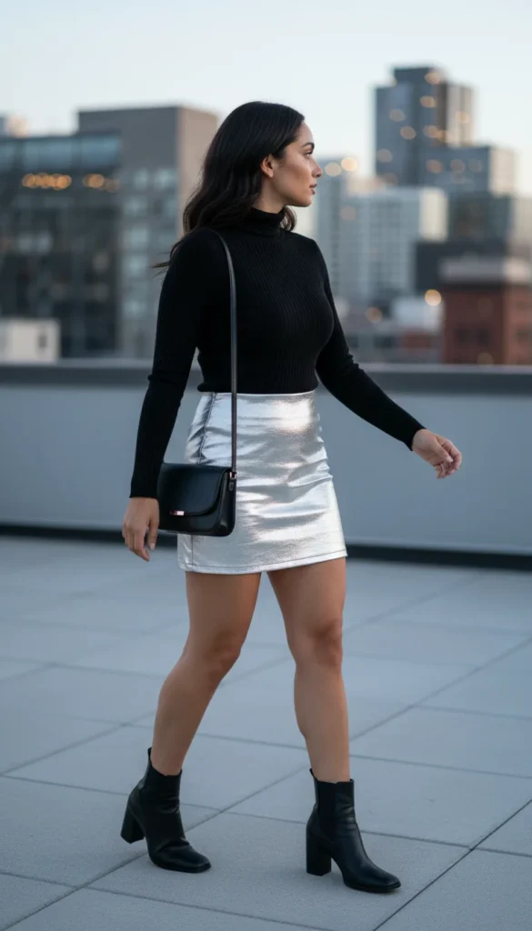 Fashion Nova metallic skirt outfit