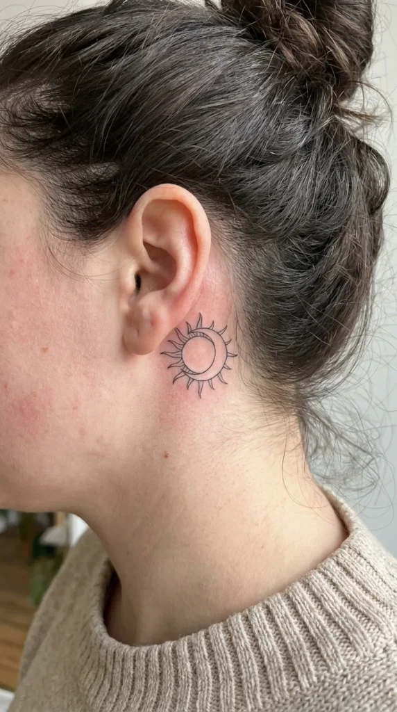Fine line sun moon ear tattoo