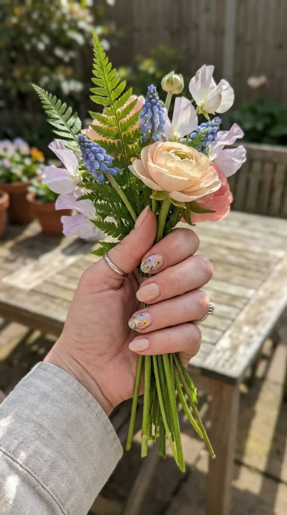 Floral accent nude short spring nails