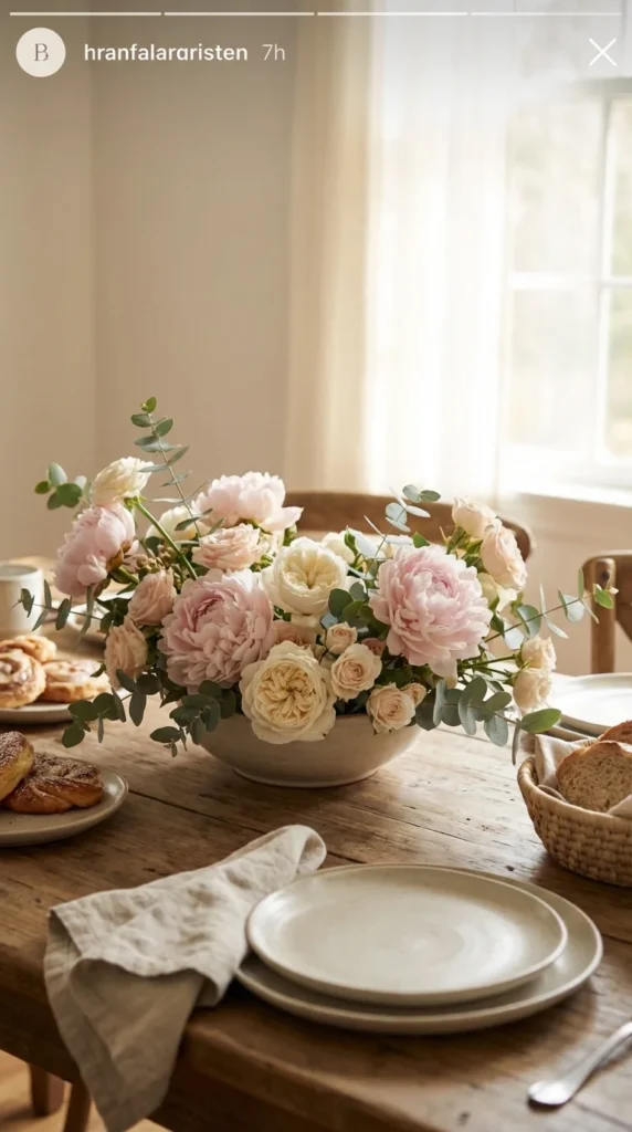 Floral centerpiece mothers day brunch table setting