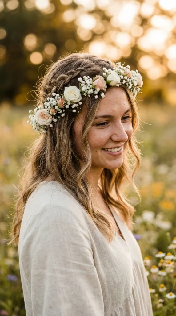 Floral crown braid prom hairstyle