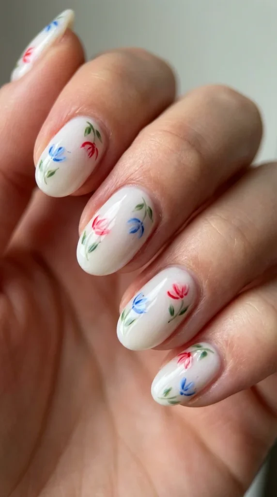 Floral patriotic nail art July 4th