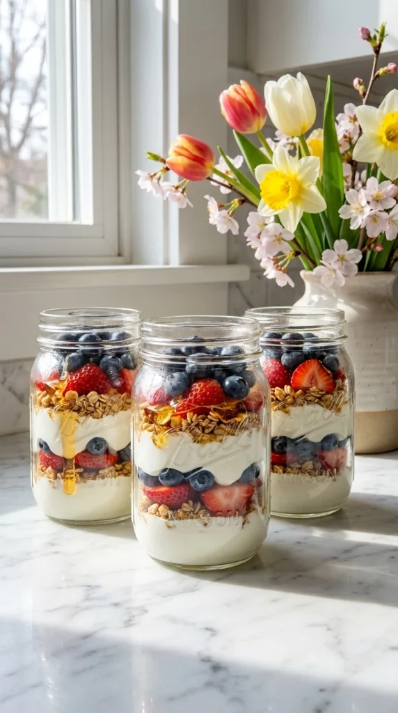 Fruit yogurt parfait jars brunch