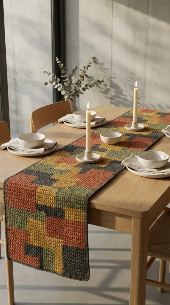 Geometric tapestry crochet runner modern