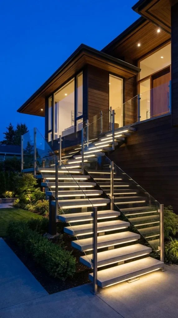 Glass railing exterior staircase