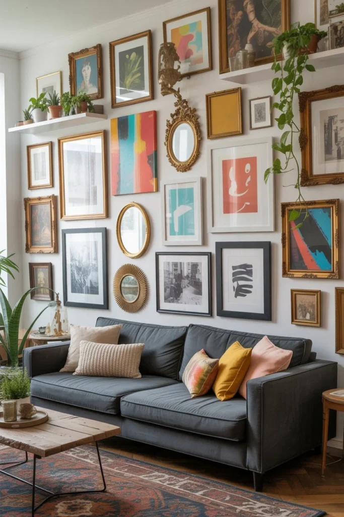 Gray couch gallery wall
