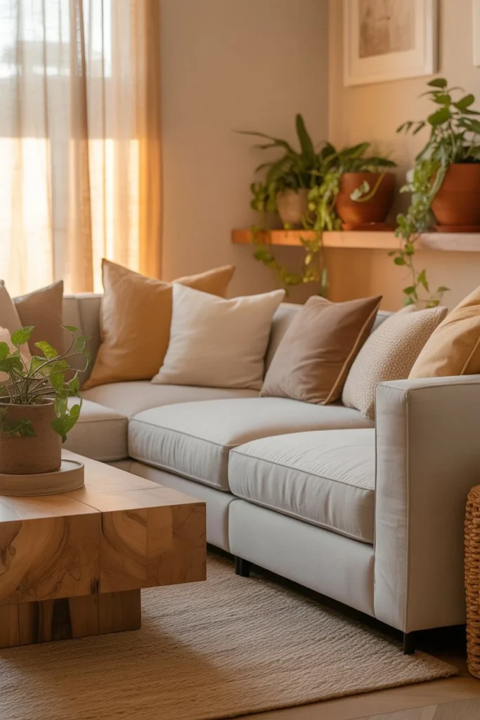 Gray couch natural wood decor