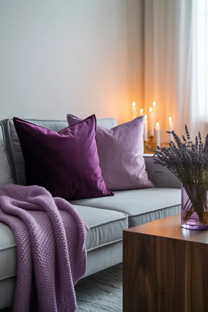 Gray couch purple accents