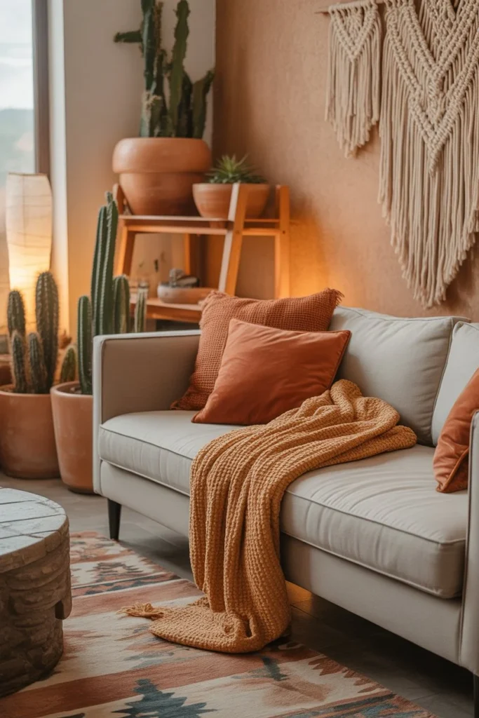 Gray couch terracotta accents