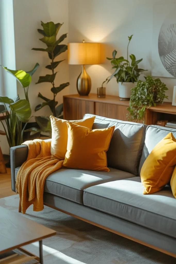 Gray sofa mustard yellow