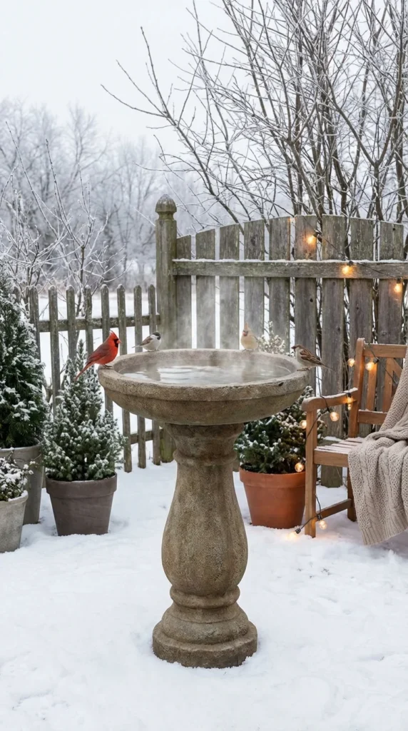 Heated bird bath winter garden