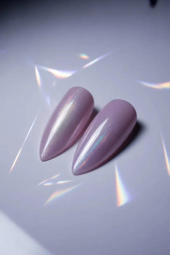 Lavender holographic stiletto cat eye nails