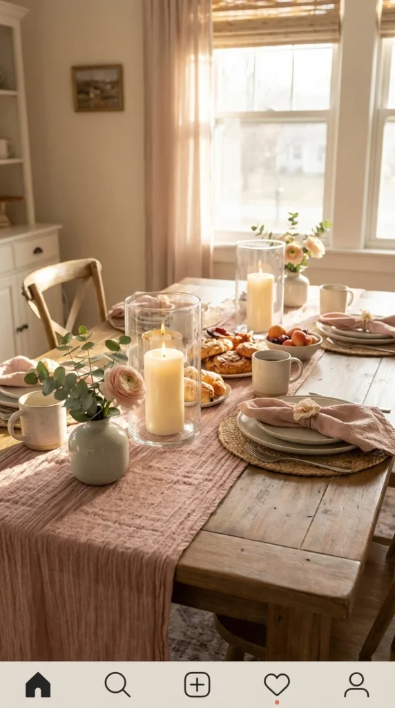 Linen runner mothers day brunch tablescape