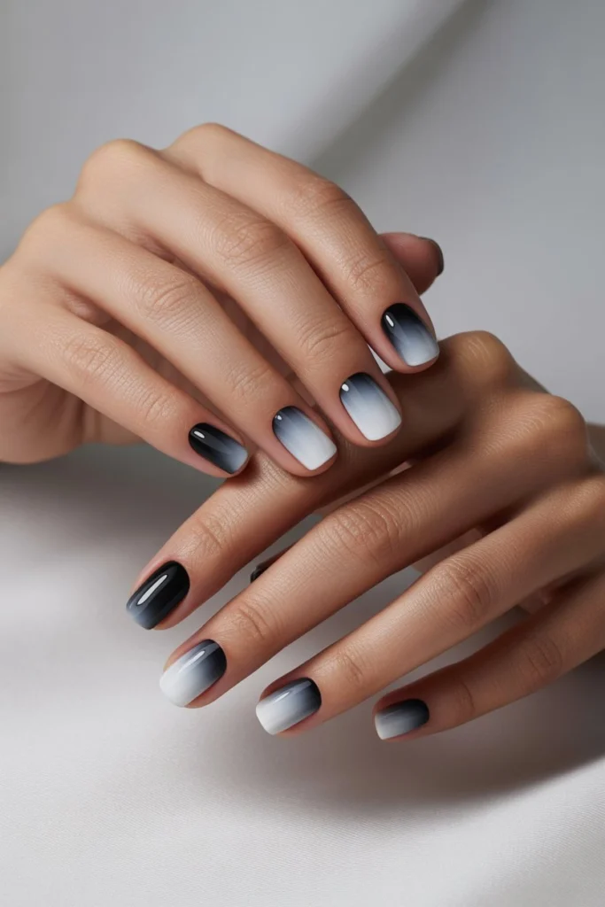 Matte Black and White Ombre Nails