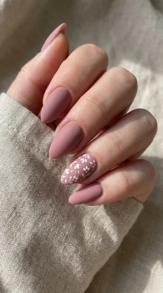 Matte pink floral nail art