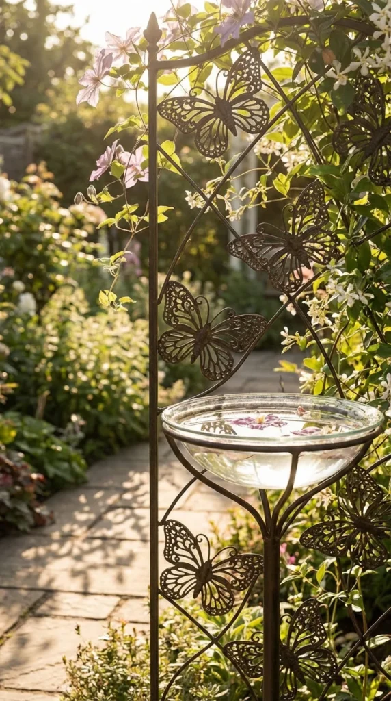 Metal trellis bird bath garden art