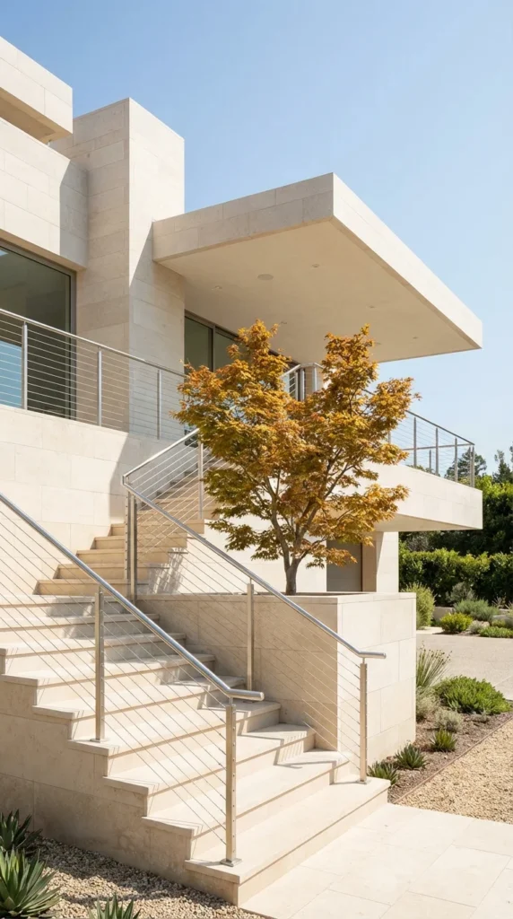 Minimalist limestone cable railing stairs