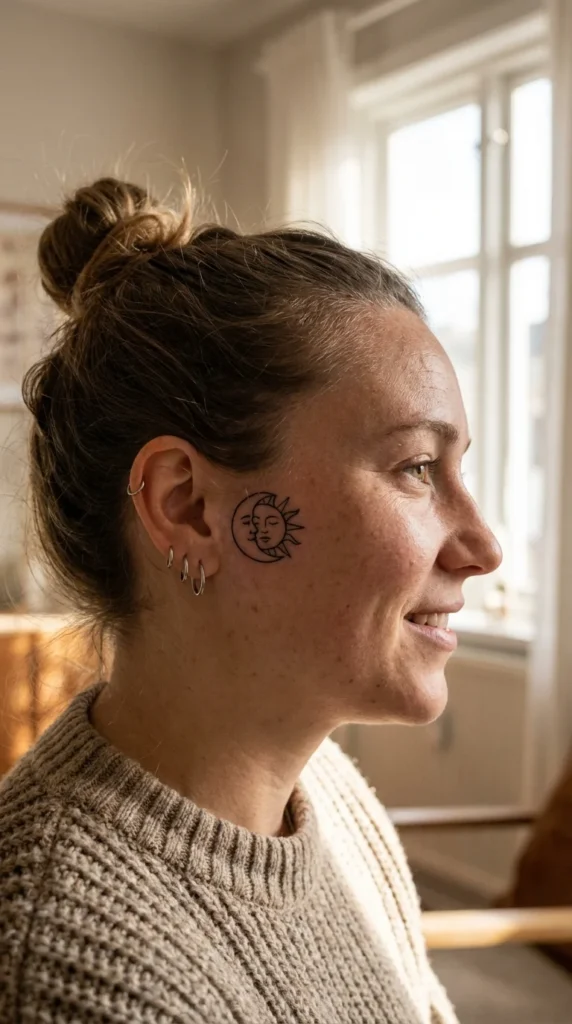 Minimalist sun moon face ear tattoo