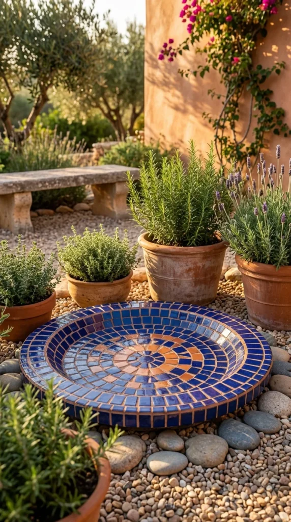 Mosaic tile bird bath garden