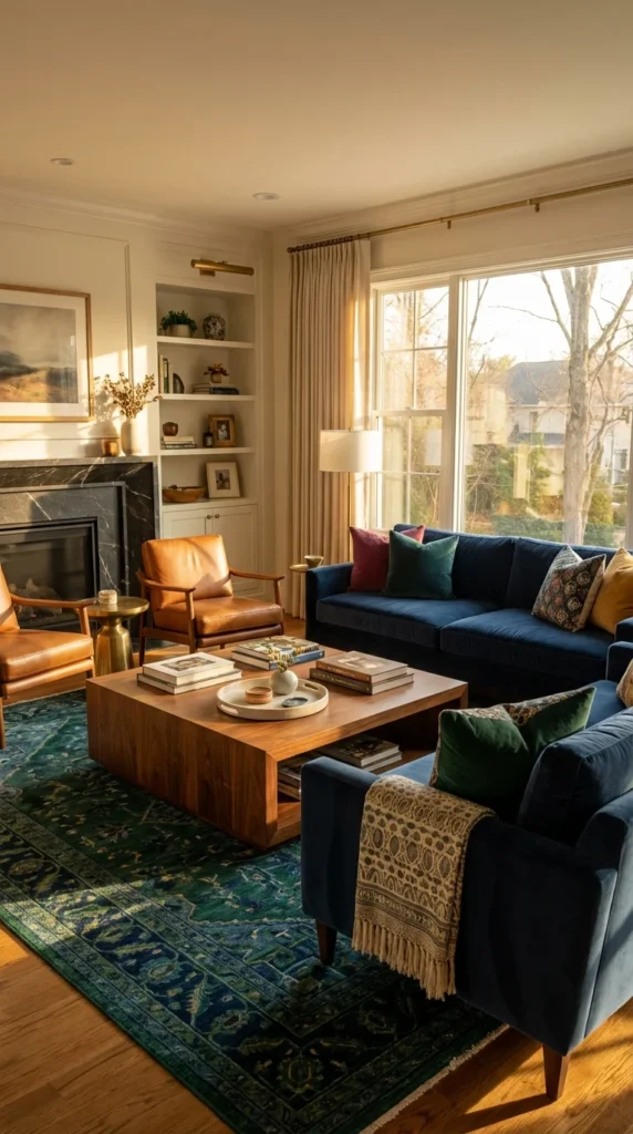 Navy blue velvet couch living room